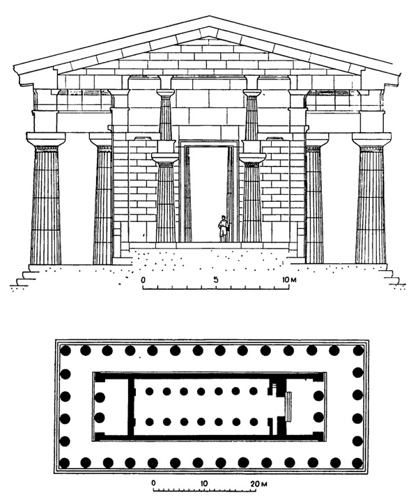 Архитектура Древней Греции. Посейдония. II храм Геры. Поперечный разрез (реконструкция), план