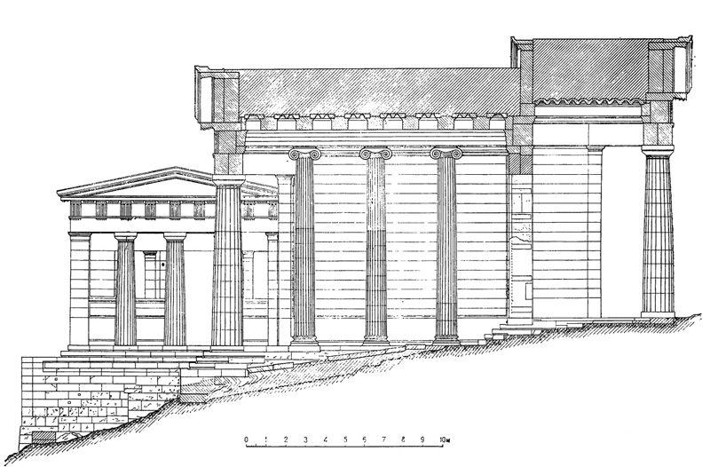 Архитектура Древней Греции. Афины. Пропилеи Акрополя. Продольный разрез (реконструкция)