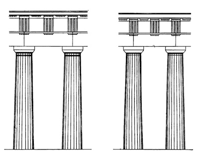 Архитектура Древней Греции. Ордера храма Аполлона в Бассах (слева) и Парфенона, условно приведенные к одной высоте колонн