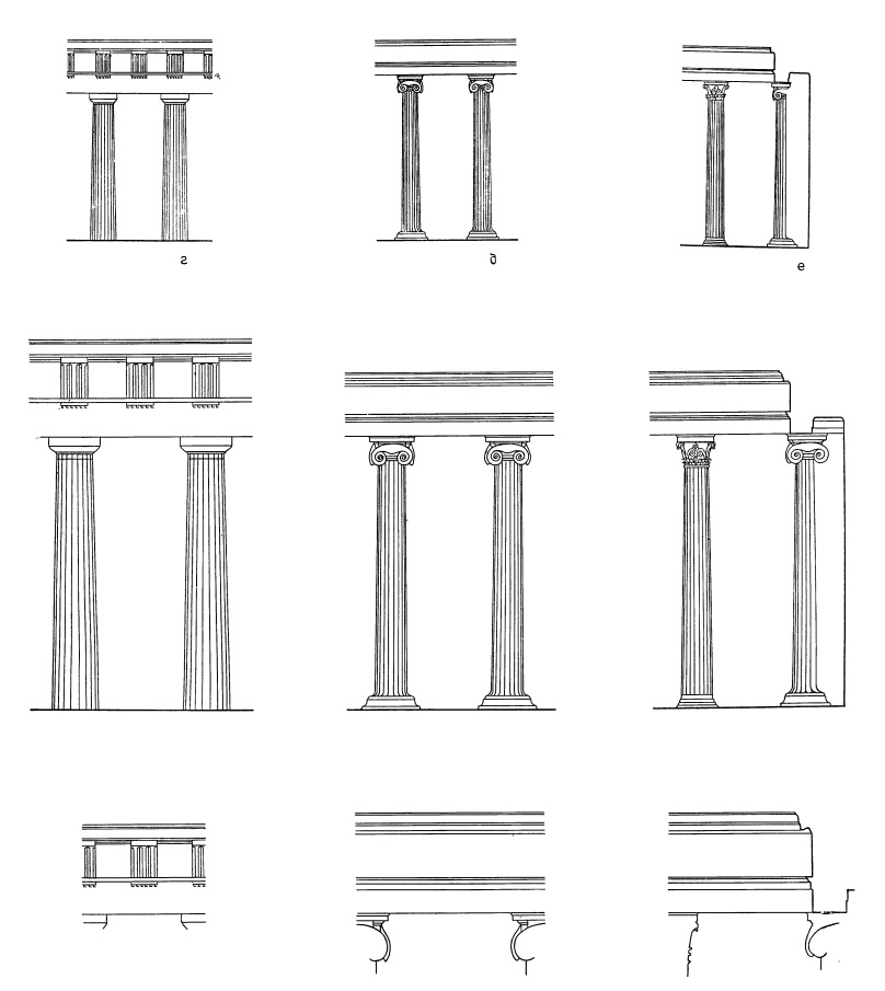 Архитектура Древней Греции. Сравнение ордеров  — колонны приведены к одной высоте: Парфенон. Храм Аполлона в Бассах