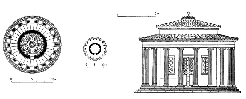Архитектура Древней Греции. Олимпия. Филиппейон, после 338 г. до н.э. Планы (детальный и схематический) фасад