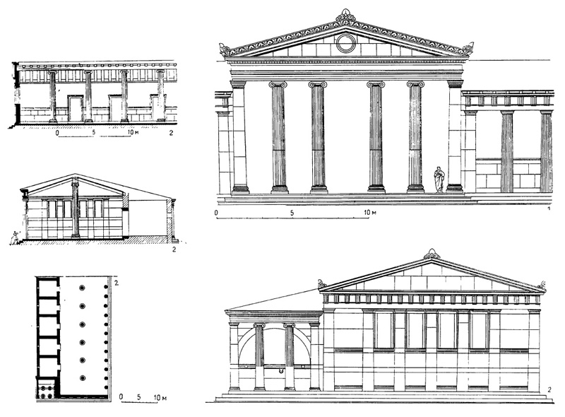 Архитектура Древней Греции. Магнесия на Меандре. Агора: 1 — пропилеи; 2 — стоя — план, продольный и поперечный разрезы, торцовый фасад