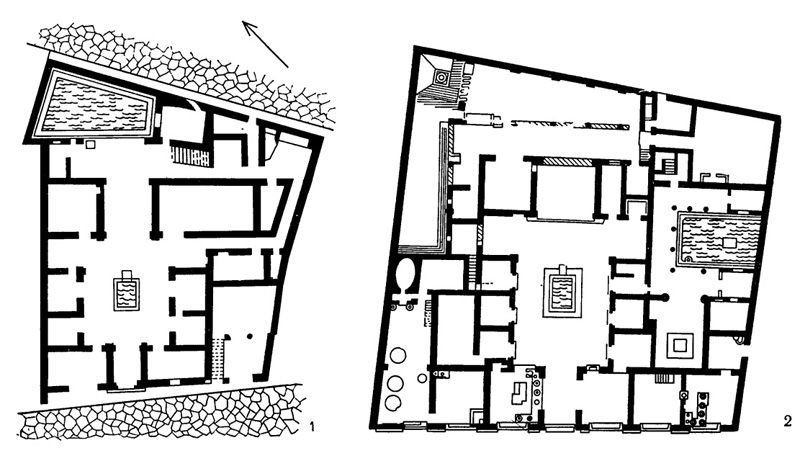 Архитектура Древнего Рима. Помпеи. Жилые дома: 1 — дом Хирурга, IV в. до н.э.; 2 — дом Саллюстия, III в. до н.э.