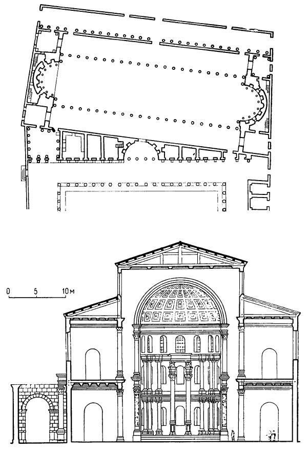 Архитектура Древнего Рима. Лептис Магна (Северная Африка). Базилика, начало III в. н.э. План, разрез