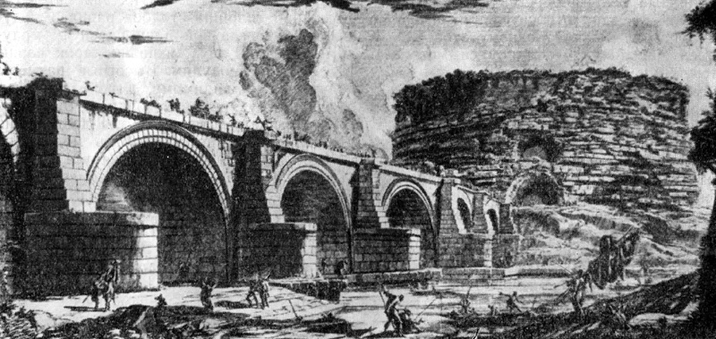 Архитектура Древнего Рима. Рим. Мост Элия, 134 г. н.э. Вид моста на гравюре Пиранези