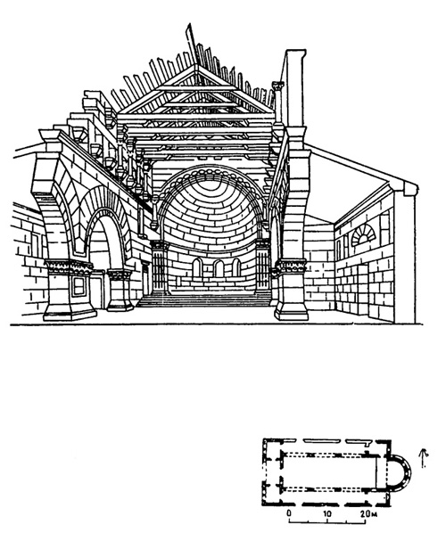 Христианская архитектура Древнего Рима. Калб-Лузе (Сирия). Церковь, VI в. Аксонометрический разрез, план