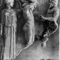 Геракл и Атлас. Метопа храма Зевса в Олимпии. Мрамор. 468—456 гг. до н. э. Олимпия. Музей