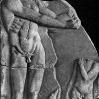 Апоксиомен и мальчик. Мраморный рельеф. Середина 5 в. до н. э. Дельфы. Музей