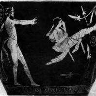 Сатир, качающий девушку на качелях. Роспись скифоса. Около 430 г. до н. э. Берлин