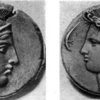 Греческие монеты: с изображением Афины. Вторая половина 5 в. до н. э. и нимфы Аретузы 4 в. до до н. э.