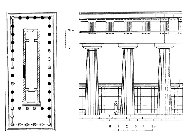 Архитектура Древней Греции. Селинунт. Храм F, 530 г. до н. э. План и фрагмент фасада (реконструкция)