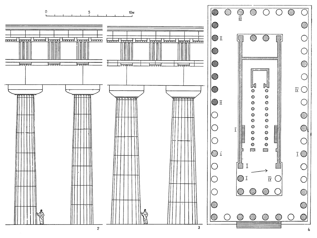 Архитектура Древней Греции. Селинунт. Храм G, с 520 до 470 г. до н.э.: реконструкция ордеров раннего (слева) и позднего (справа) строительного периода; план