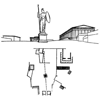 Архитектура Древней Греции. Афины. Акрополь. Вид от Пропилей на статую Афины Промахос и Парфенон (по О. Шуази)