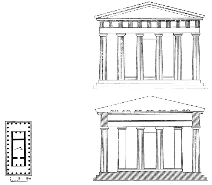 Архитектура Древней Греции. Мыс Суний. Храм Посейдона. Фасад, план, разрез