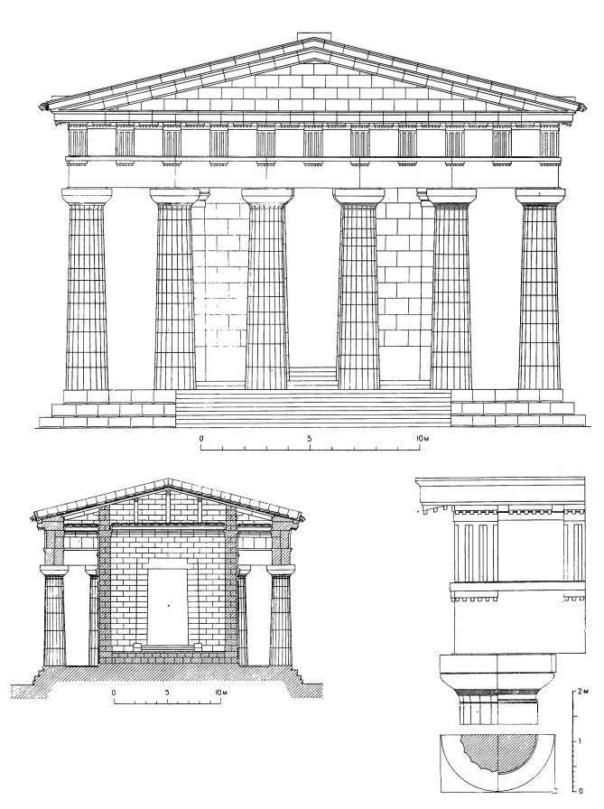 Архитектура Древней Греции. Сегеста. Дорический храм. Фасад, разрез, ордер (реконструкция с показом каннелюр)