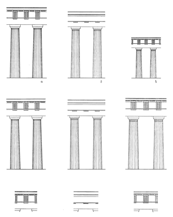 Архитектура Древней Греции. Сравнение ордеров в одном масштабе: Парфенон. Храм Аполлона в Бассах