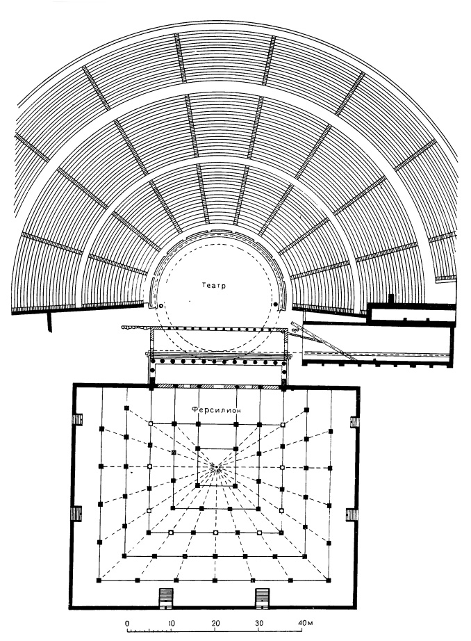 Архитектура Древней Греции. Мегалополь. Театр, около 350 г. до н. э., и Ферсилион, 370—360 гг. до н.э. План