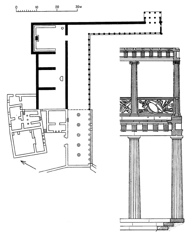 Архитектура Древней Греции. Пергам. Библиотека в святилище Афины Никефоры. План (в двух уровнях). Ордер двухъярусной колоннады, разрез
