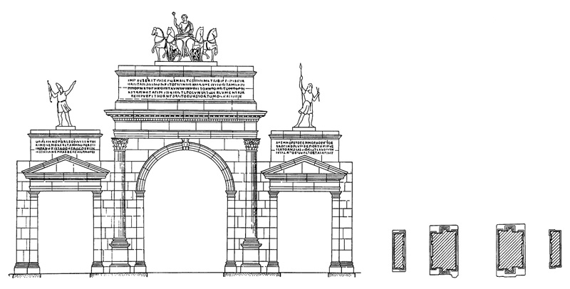 Архитектура Древнего Рима. Рим. Арка Августа на Римском форуме, 29 г. до н.э. Фасад, план