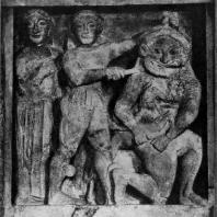 Персей, убивающий Медузу. Метопа храма «С» в Селинунте. 7—6 вв. до н. э. Известняк. Палермо. Национальный музей
