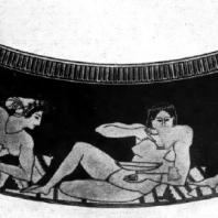 Евфроний. Гетеры, играющие в коттаб. Роспись килика. Начало 5 в. до н. э.