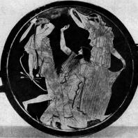 Аполлон, убивающий гиганта Тития. Роспись килика. Около 470 г. до н. э. Мюнхен. Музей античного прикладного искусства