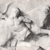 Храм Зевса. Восточная метопа. Геракл, борющийся с критским быком. Снимок с гипсового слепка из Музея в Олимпии. Фото: Анджей Дзевановский