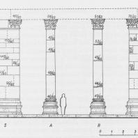 Пальмира. Тетрапилон. Реконструкция до уровня капителей. Вид с юго-восточной стороны. Проект Л. Домбровского
